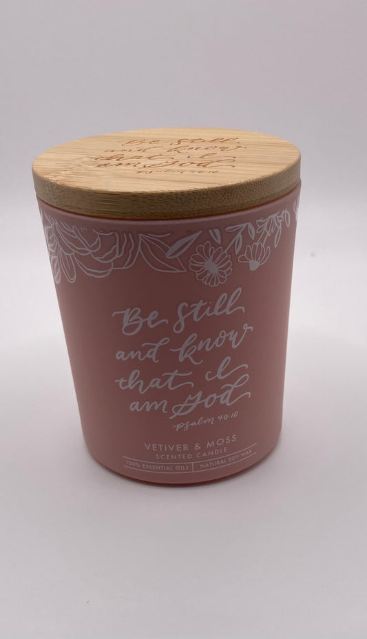 Glass Candle with Bamboo Lid – Pink “Be Still” (Psalm 46:10)