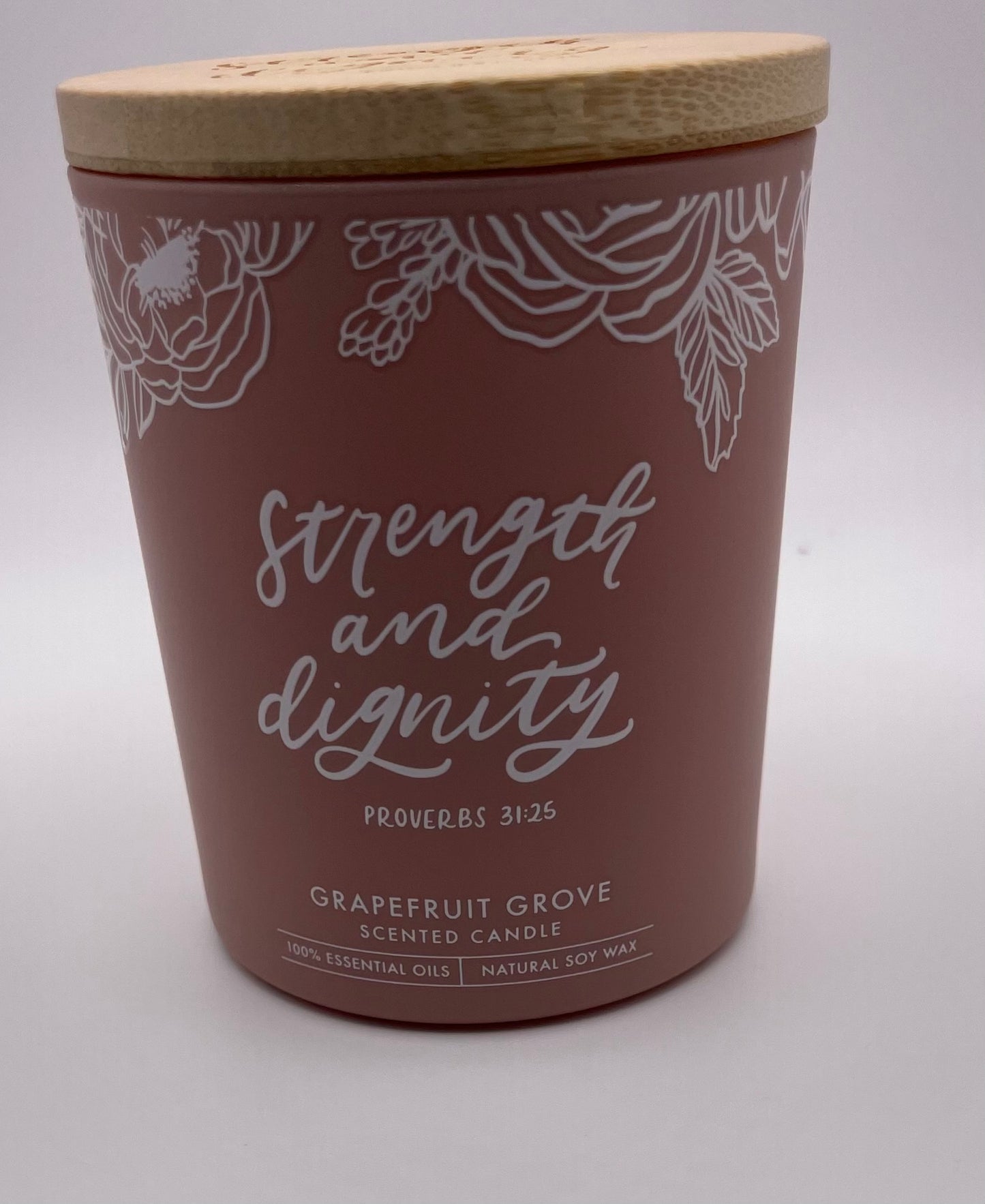 Pink “Strength & Dignity” (Proverbs 31:25) -Glass Candle with Bamboo Lid