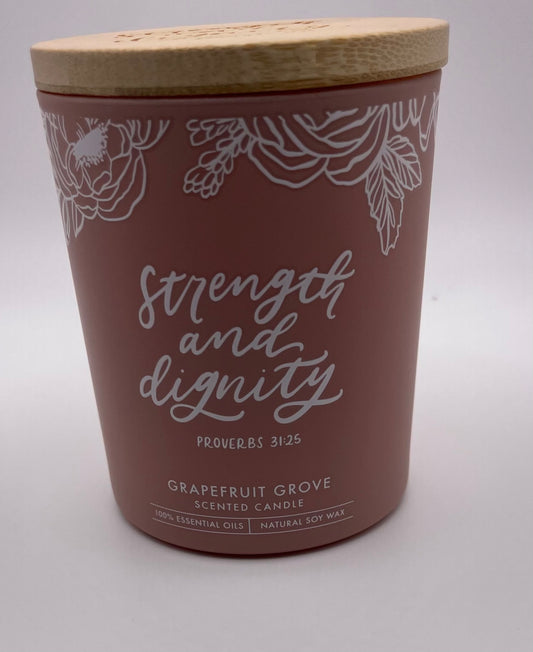 Pink “Strength & Dignity” (Proverbs 31:25) -Glass Candle with Bamboo Lid