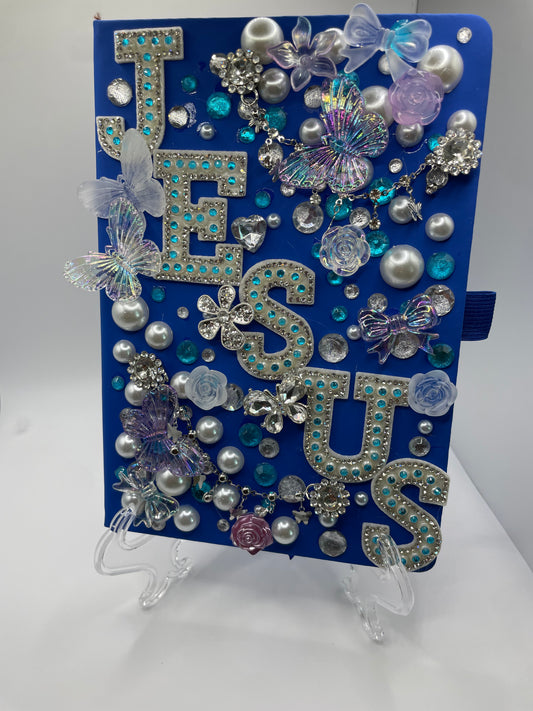 “JESUS” Royal Blue Beaded Journal – Butterfly & Gem Edition