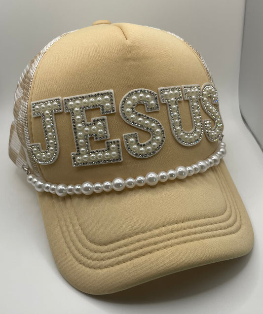 “JESUS” Pearl Trucker Hat – Elegant Faith Edition