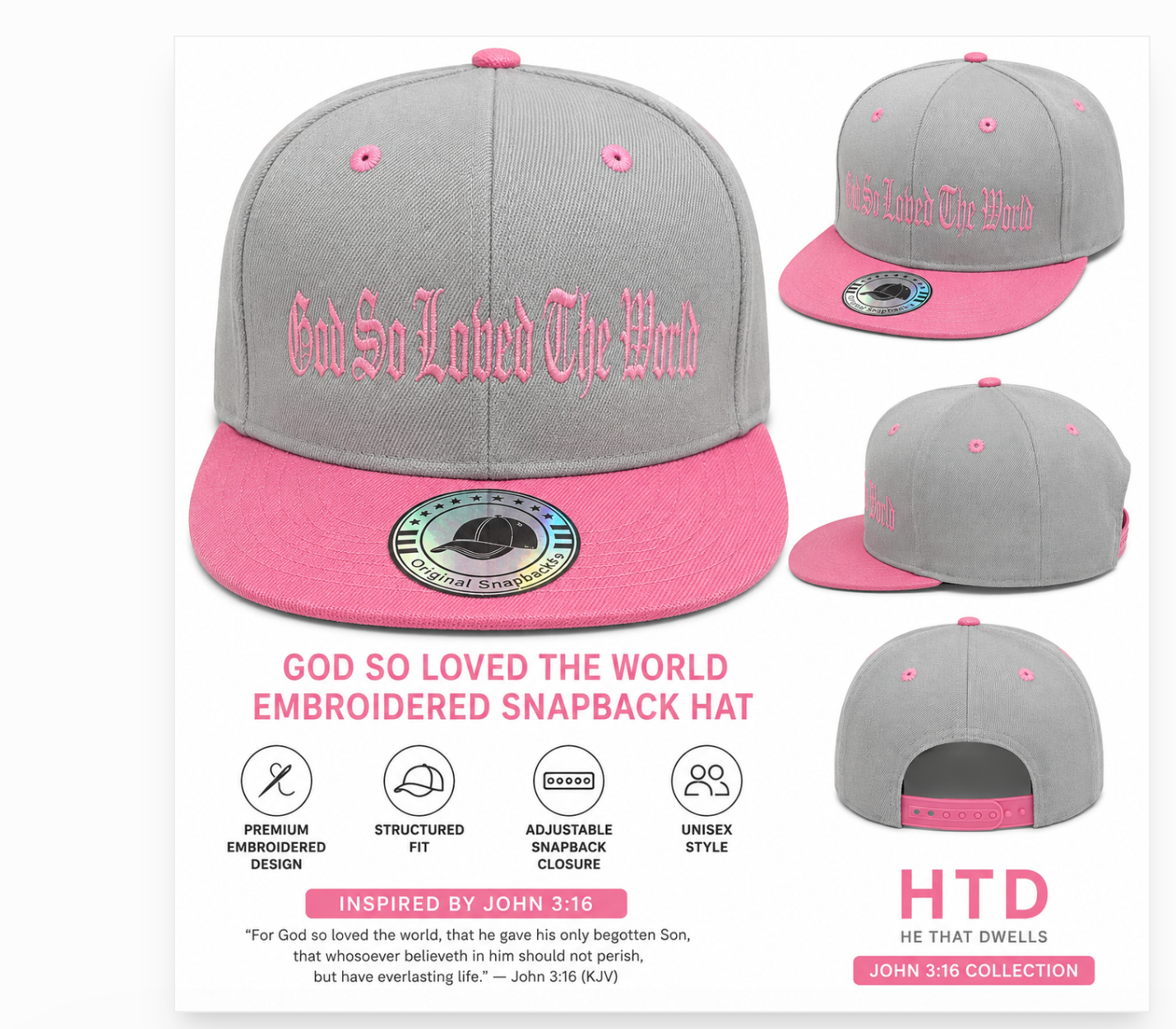 God So Loved the World Embroidered Snapback – Gray & Pink